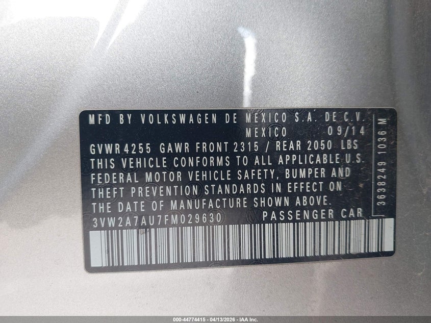 2015 Volkswagen Golf Tdi Se 4-Door VIN: 3VW2A7AU7FM029630 Lot: 44774415
