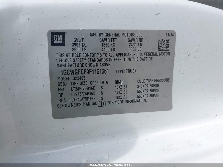 2015 Chevrolet Express 2500 Work Van VIN: 1GCWGFCF9F1151561 Lot: 44774474