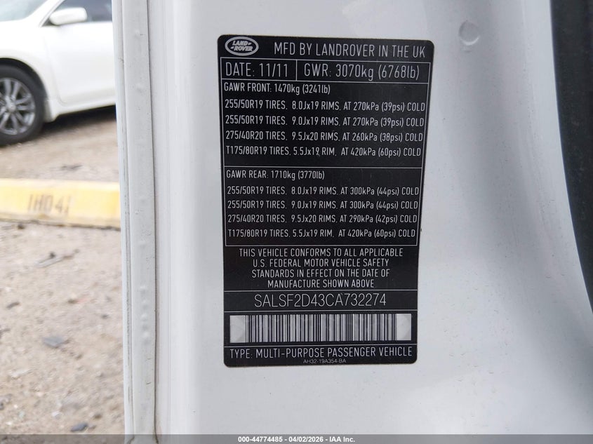 2012 Land Rover Range Rover Sport Hse VIN: SALSF2D43CA732274 Lot: 44774485