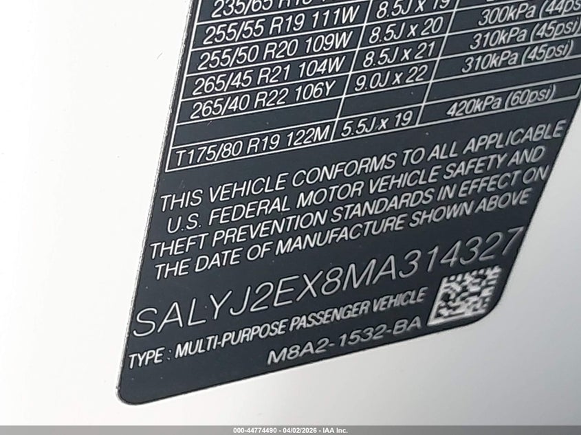 2021 Land Rover Range Rover Velar P250 S VIN: SALYJ2EX8MA314327 Lot: 44774490