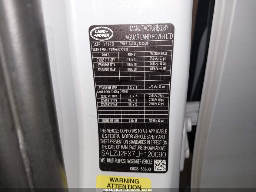 2020 Land Rover Range Rover Evoque S VIN: SALZJ2FX7LH120090 Lot: 44774528