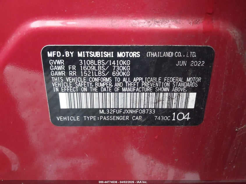 2022 Mitsubishi Mirage G4 Black Edition/Es/Le VIN: ML32FUFJXNHF08733 Lot: 44774536