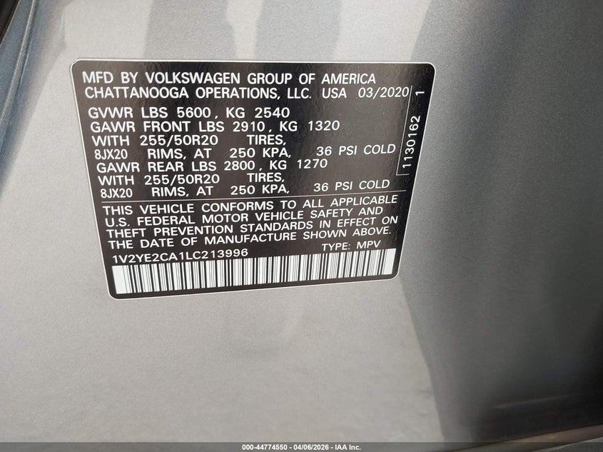 2020 Volkswagen Atlas Cross Sport 3.6L V6 Se W/Technology/3.6L V6 Se W/Technology R-Line VIN: 1V2YE2CA1LC213996 Lot: 44774550