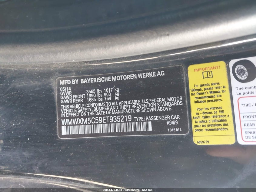 2014 Mini Hardtop Cooper VIN: WMWXM5C59ET935219 Lot: 44774553