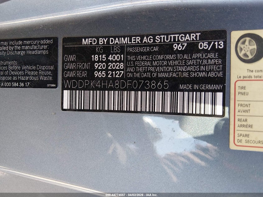 2013 Mercedes-Benz Slk 250 VIN: WDDPK4HA8DF073865 Lot: 44774557