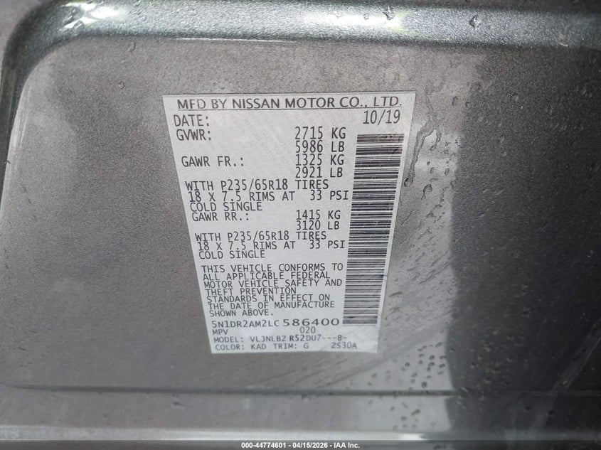 2020 Nissan Pathfinder S 4Wd VIN: 5N1DR2AM2LC586400 Lot: 44774601