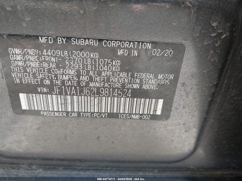 2020 Subaru Wrx Limited VIN: JF1VA1J62L9814524 Lot: 44774711
