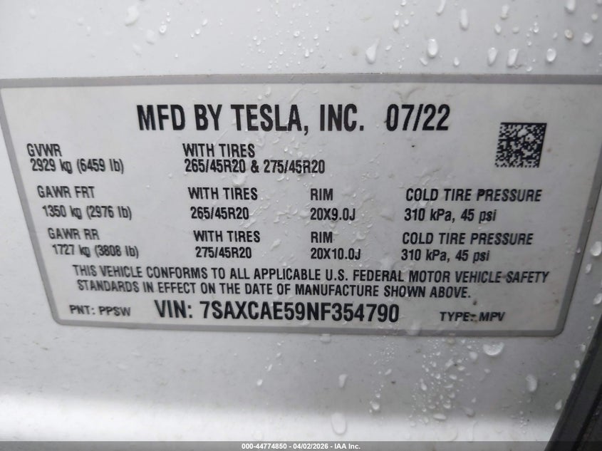 2022 Tesla Model X Dual Motor All-Wheel Drive VIN: 7SAXCAE59NF354790 Lot: 44774850
