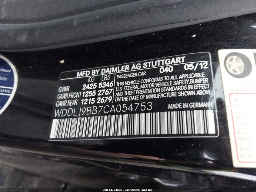 2012 Mercedes-Benz Cls 550 4Matic VIN: WDDLJ9BB7CA054753 Lot: 44774876