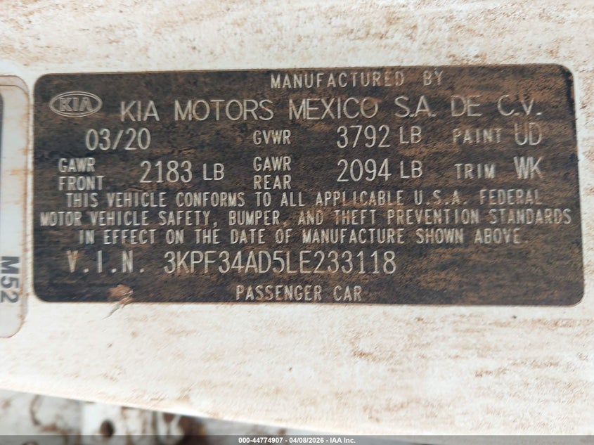 KIA FORTE 2020 VIN 3KPF34AD5LE233118