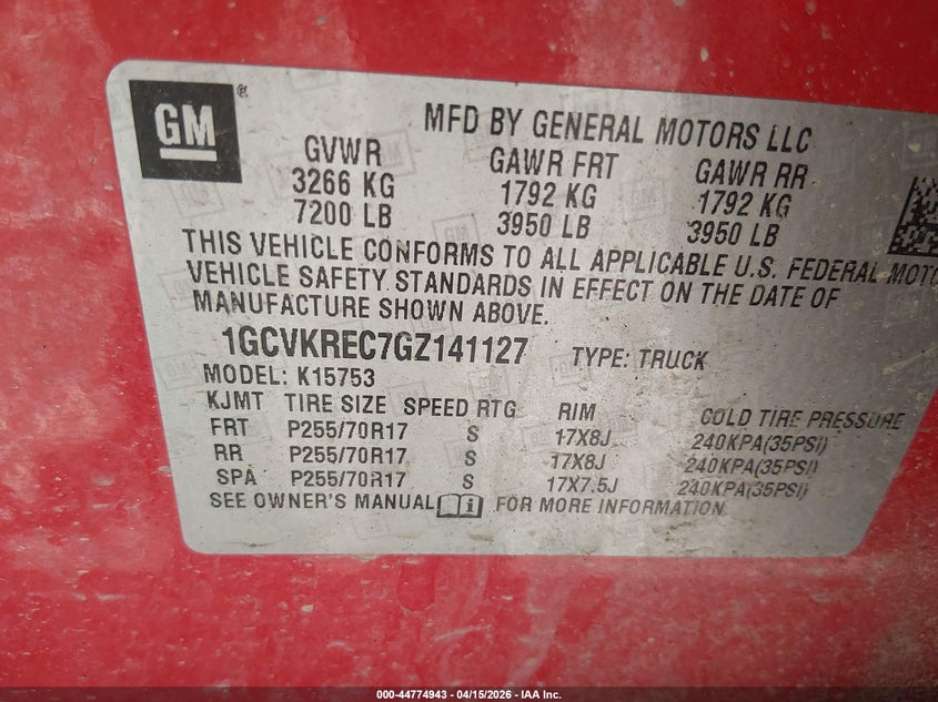 2016 Chevrolet Silverado 1500 1Lt VIN: 1GCVKREC7GZ141127 Lot: 44774943