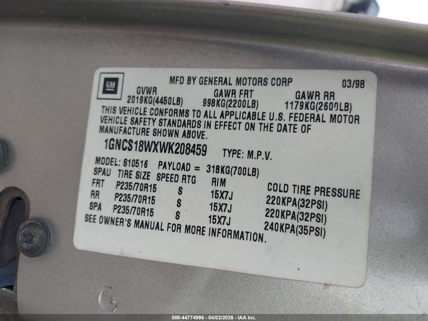 1998 Chevrolet Blazer Ls VIN: 1GNCS18WXWK208459 Lot: 44774996