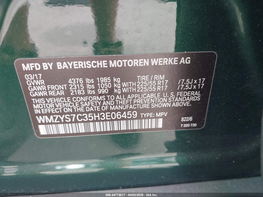 2017 Mini Countryman Cooper VIN: WMZYS7C35H3E06459 Lot: 44775017