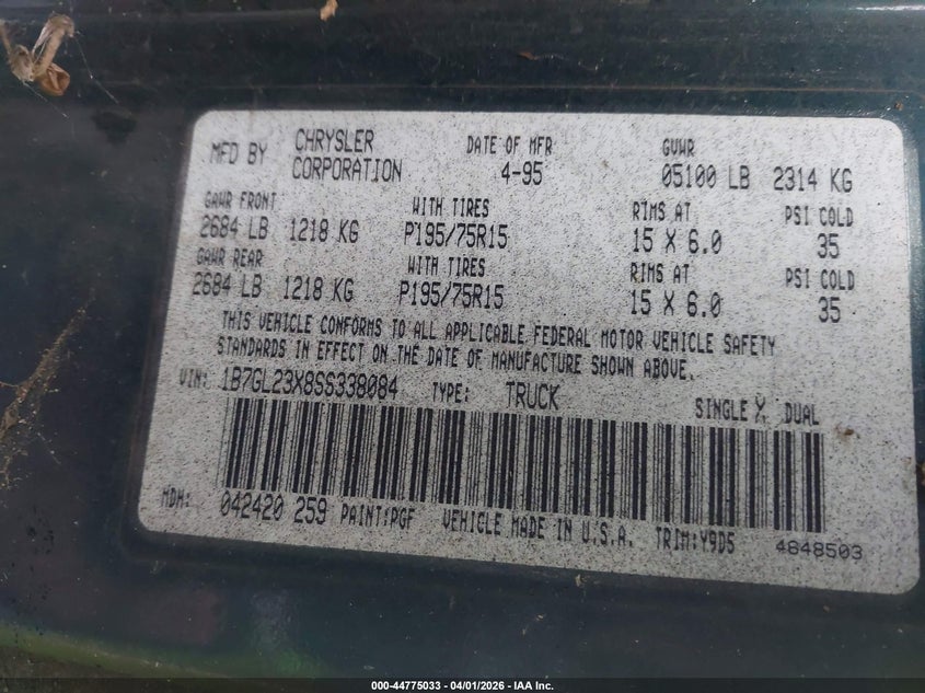 1995 Dodge Dakota VIN: 1B7GL23X8SS338084 Lot: 44775033