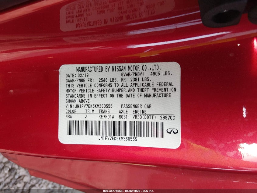 2019 Infiniti Q60 3.0T Red Sport 400 VIN: JN1FV7EK5KM360555 Lot: 44775058