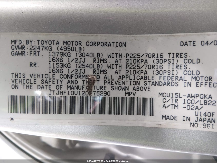 2002 Lexus Rx 300 VIN: JTJHF10U120275290 Lot: 44775209