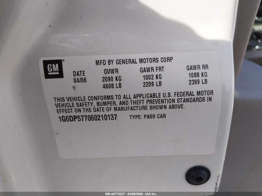 2006 Cadillac Cts Standard VIN: 1G6DP577060210137 Lot: 44775237