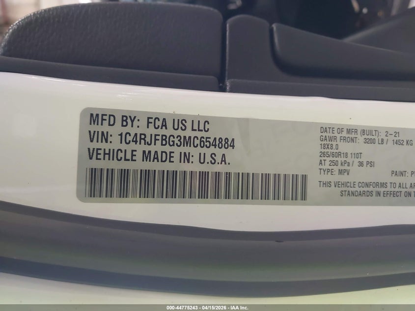 2021 Jeep Grand Cherokee Limited 4X4 VIN: 1C4RJFBG3MC654884 Lot: 44775243