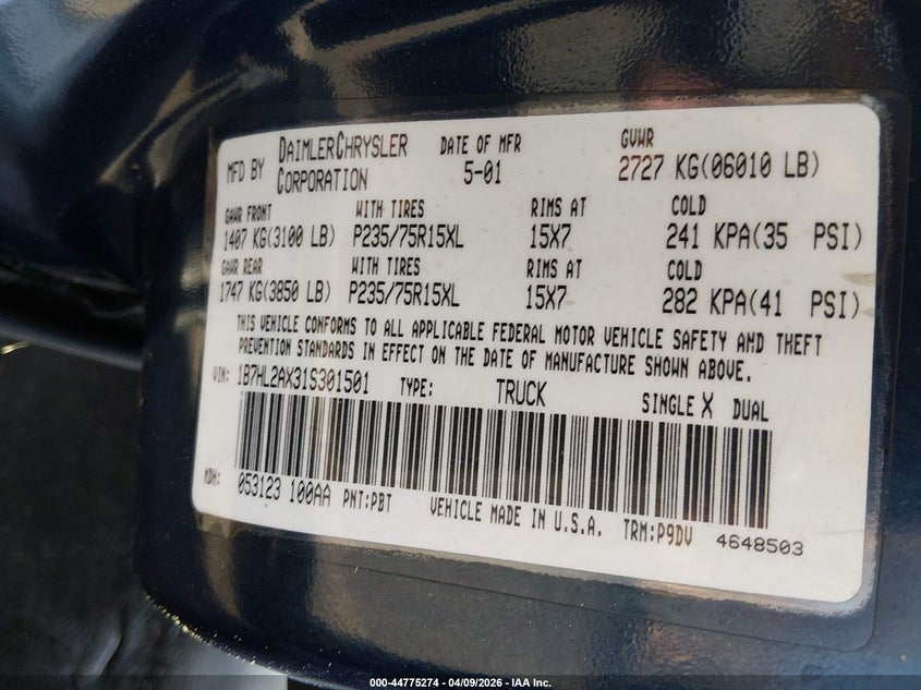 2001 Dodge Dakota Slt/Sport VIN: 1B7HL2AX31S301501 Lot: 44775274