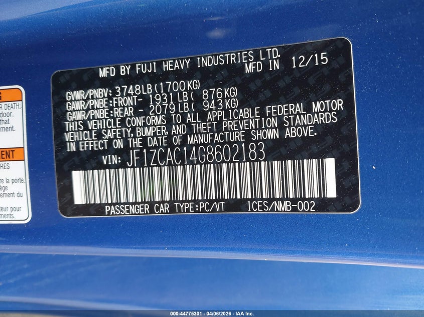 2016 Subaru Brz Limited VIN: JF1ZCAC14G8602183 Lot: 44775301