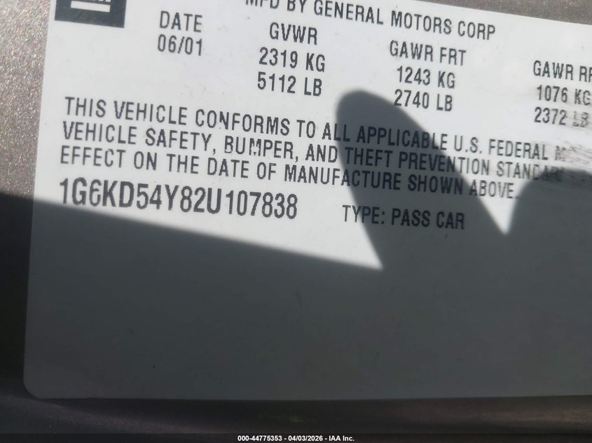 2002 Cadillac Deville Standard VIN: 1G6KD54Y82U107838 Lot: 44775353