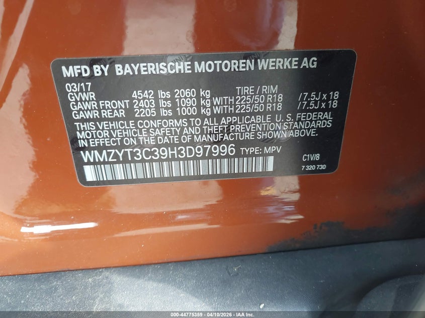 2017 Mini Countryman Cooper S VIN: WMZYT3C39H3D97996 Lot: 44775359