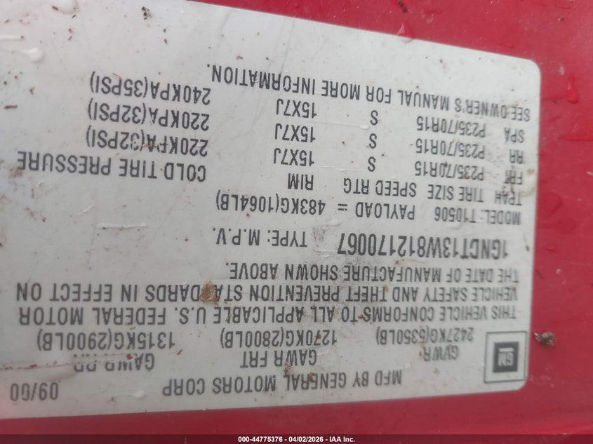 2001 Chevrolet Blazer Lt VIN: 1GNDT13W812170067 Lot: 44775376