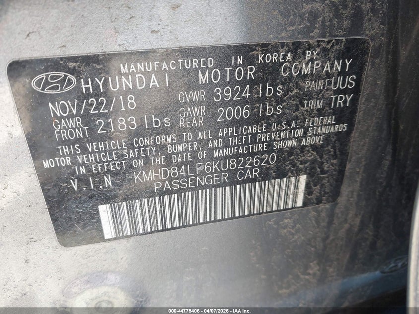 VIN KMHD84LF6KU822620 2019 HYUNDAI ELANTRA SEL