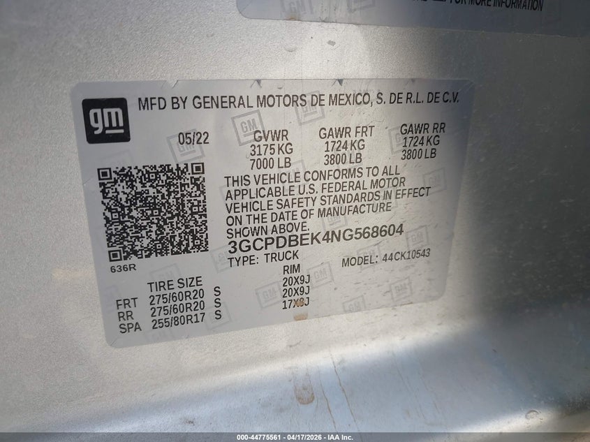 VIN 3GCPDBEK4NG568604 2022 CHEVROLET SILVERADO 1500 4WD  SHORT BED CUSTOM