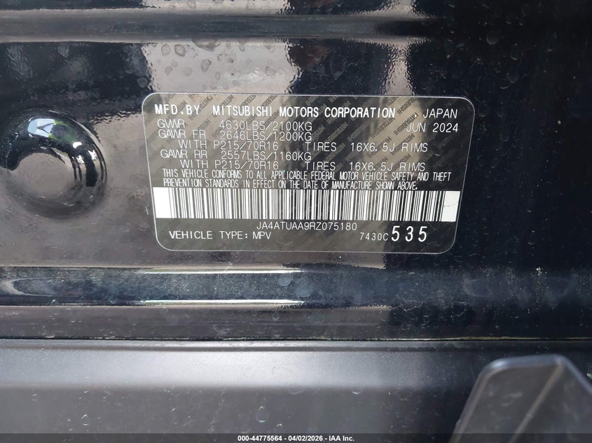 2024 Mitsubishi Eclipse Cross Es S-Awc VIN: JA4ATUAA9RZ075180 Lot: 44775564