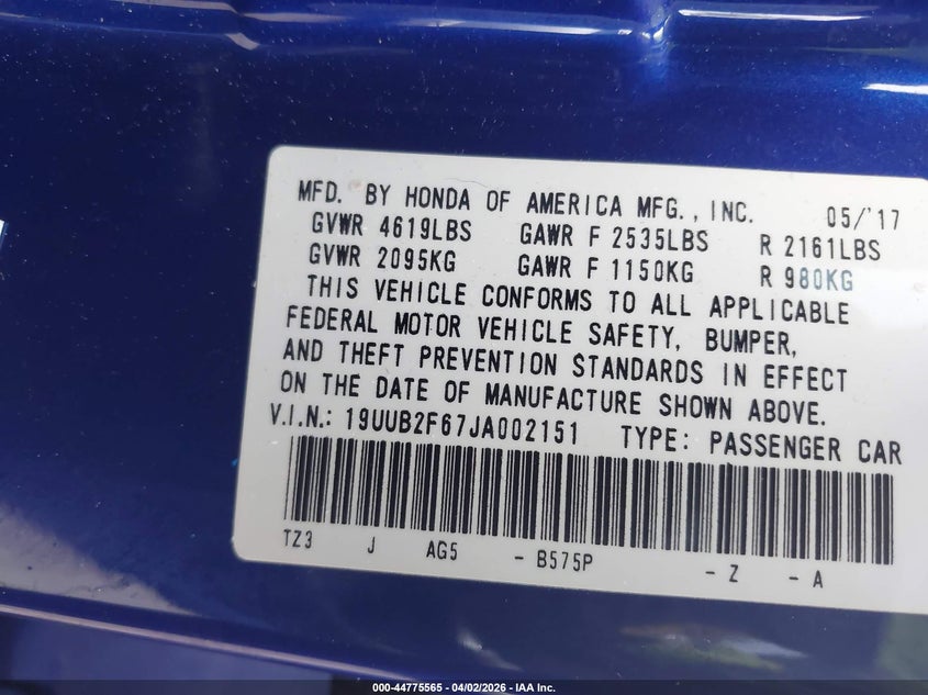 2018 Acura Tlx Tech A-Spec Pkgs VIN: 19UUB2F67JA002151 Lot: 44775565