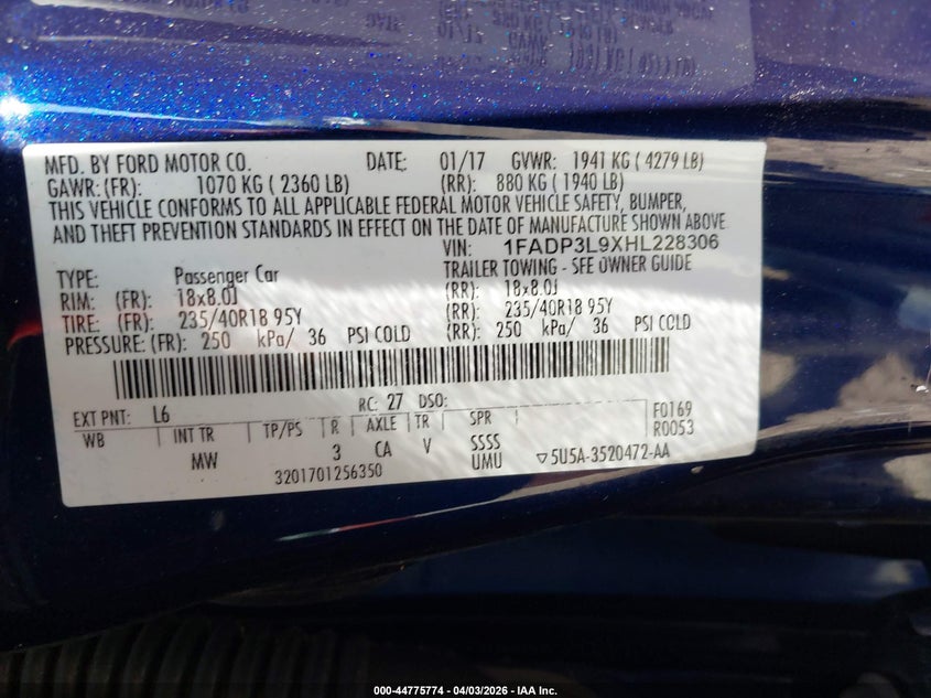 2017 Ford Focus St VIN: 1FADP3L9XHL228306 Lot: 44775774