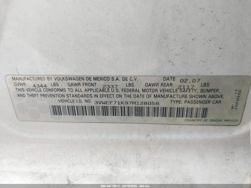 2007 Volkswagen Jetta Wolfsburg Edition VIN: 3VWEF71K97M128058 Lot: 44775813