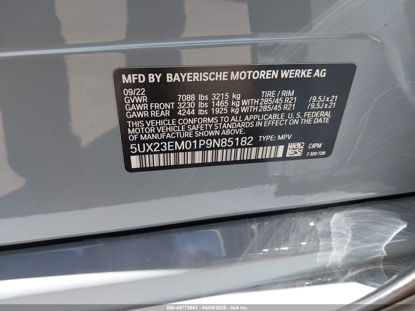 2023 BMW X7 xDrive40I VIN: 5UX23EM01P9N85182 Lot: 44775841