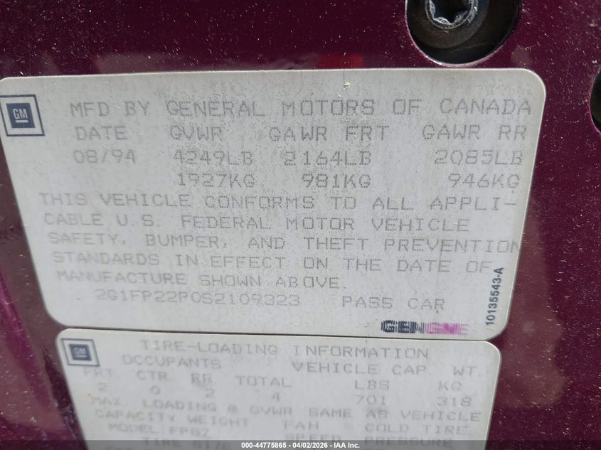 1995 Chevrolet Camaro Z28 VIN: 2G1FP22P0S2109323 Lot: 44775865