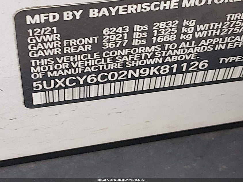 2022 BMW X6 xDrive40I VIN: 5UXCY6C02N9K81126 Lot: 44775866