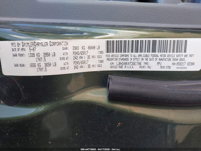 2007 Jeep Commander Sport VIN: 1J8HG48K47C661706 Lot: 44775889