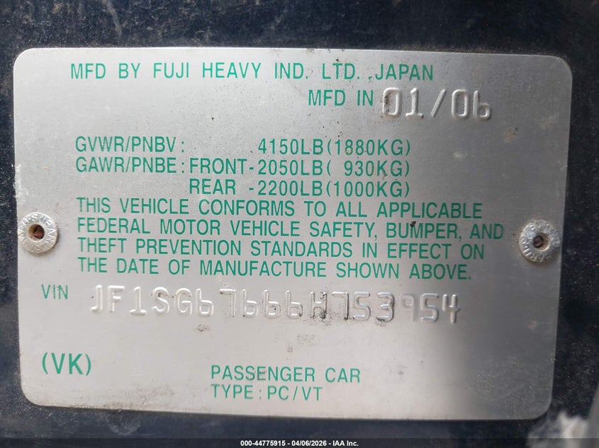 2006 Subaru Forester 2.5X L.l. Bean Edition VIN: JF1SG67666H753954 Lot: 44775915