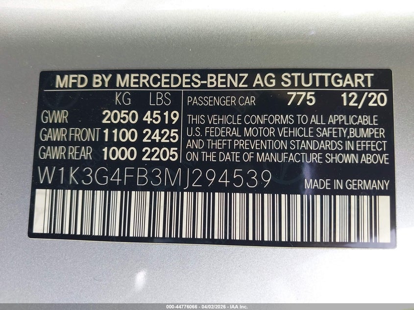 2021 Mercedes-Benz A 220 4Matic VIN: W1K3G4FB3MJ294539 Lot: 44776066