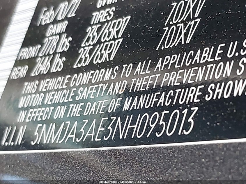 VIN 5NMJA3AE3NH095013 2022 HYUNDAI TUCSON SE