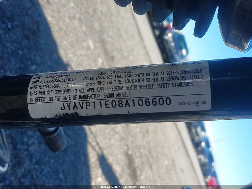 2008 Yamaha Xvs1100 A/At VIN: JYAVP11E08A106600 Lot: 44776097