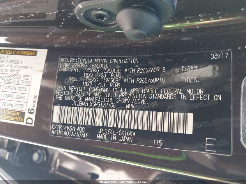 2017 Lexus Gx 460 VIN: JTJBM7FX5H5172708 Lot: 44776228