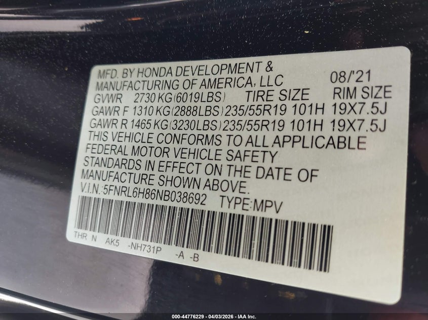 2022 Honda Odyssey Touring VIN: 5FNRL6H86NB038692 Lot: 44776229