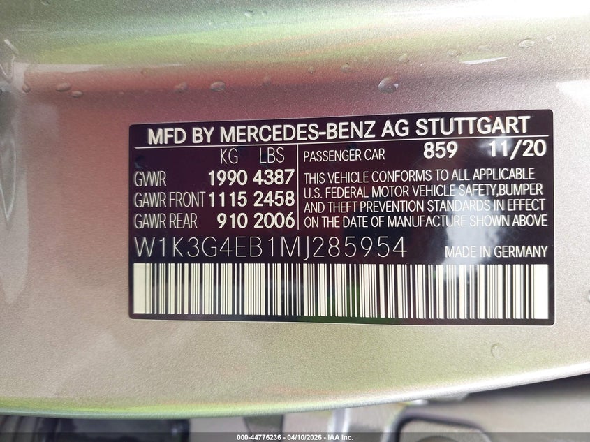 2021 Mercedes-Benz A 220 VIN: W1K3G4EB1MJ285954 Lot: 44776236