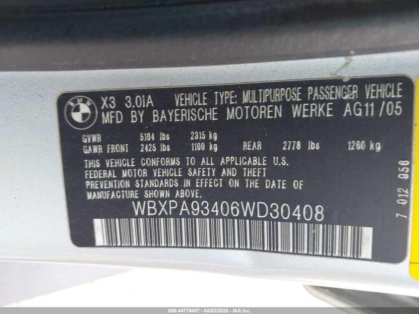 2006 BMW X3 3.0I VIN: WBXPA93406WD30408 Lot: 44776407