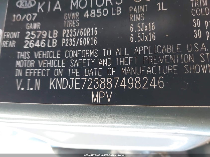 2008 Kia Sportage Ex/Lx VIN: KNDJE723887498246 Lot: 44776466