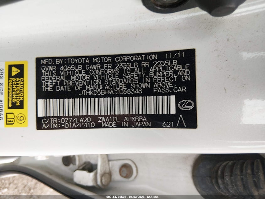 2012 Lexus Ct 200H Premium VIN: JTHKD5BH9C2068348 Lot: 44776503