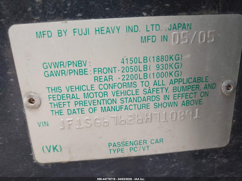 2006 Subaru Forester 2.5X L.l. Bean Edition VIN: JF1SG67626H710891 Lot: 44776719