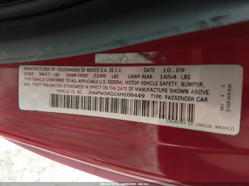 2010 Volkswagen New Beetle 2.5L Final Edition VIN: 3VWPW3AGXAM008449 Lot: 44776770