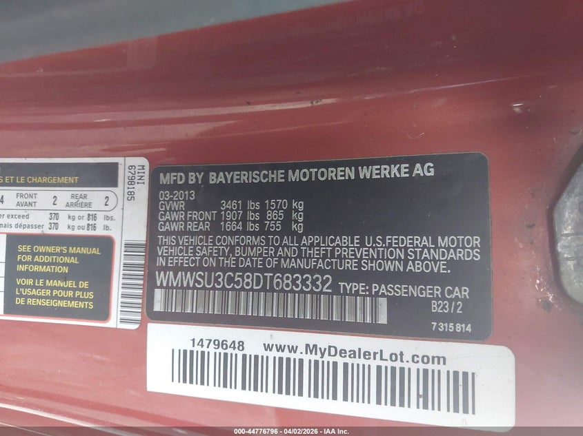 2013 Mini Hardtop Cooper VIN: WMWSU3C58DT683332 Lot: 44776796